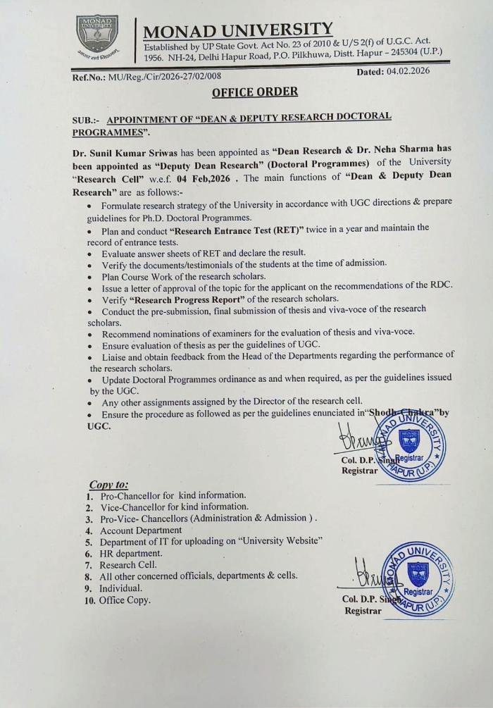 Appointment Of "Dean & Deputy Research Doctoral Programmes"